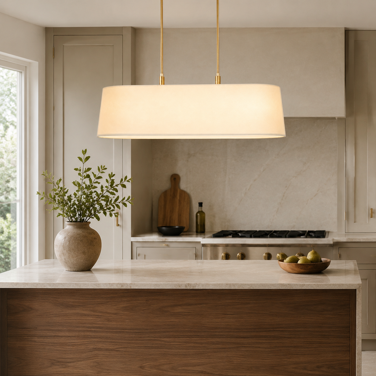 Stark Metal Linear Chandelier in gold above a walnut kitchen island