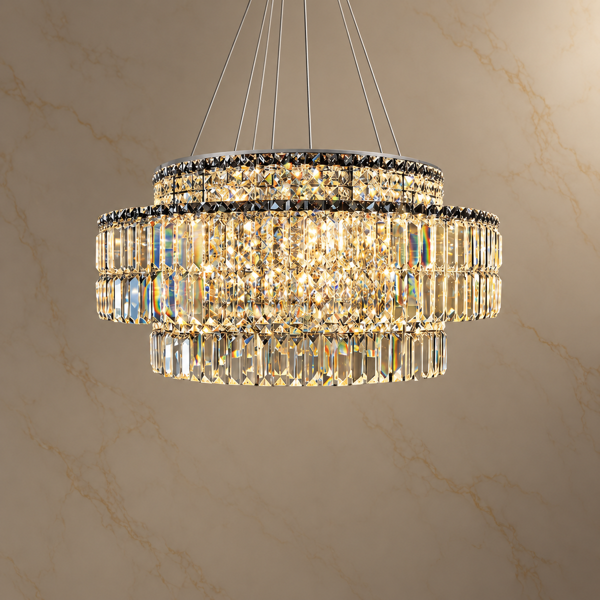 Stellar Chrome K9 Crystal Faceted Chandelier illuminated