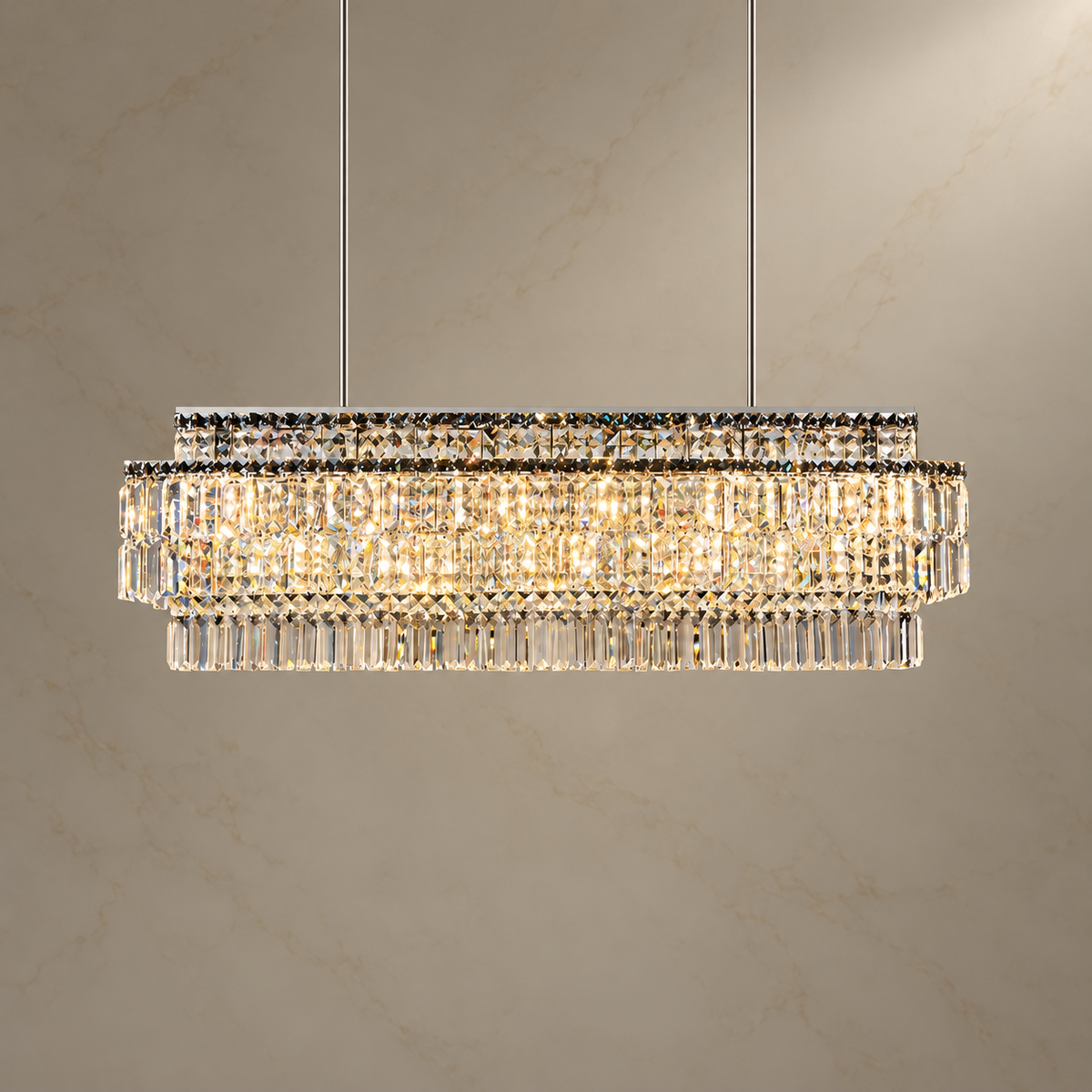 Stellar Silver K9 Crystal Faceted Chandelier illuminated