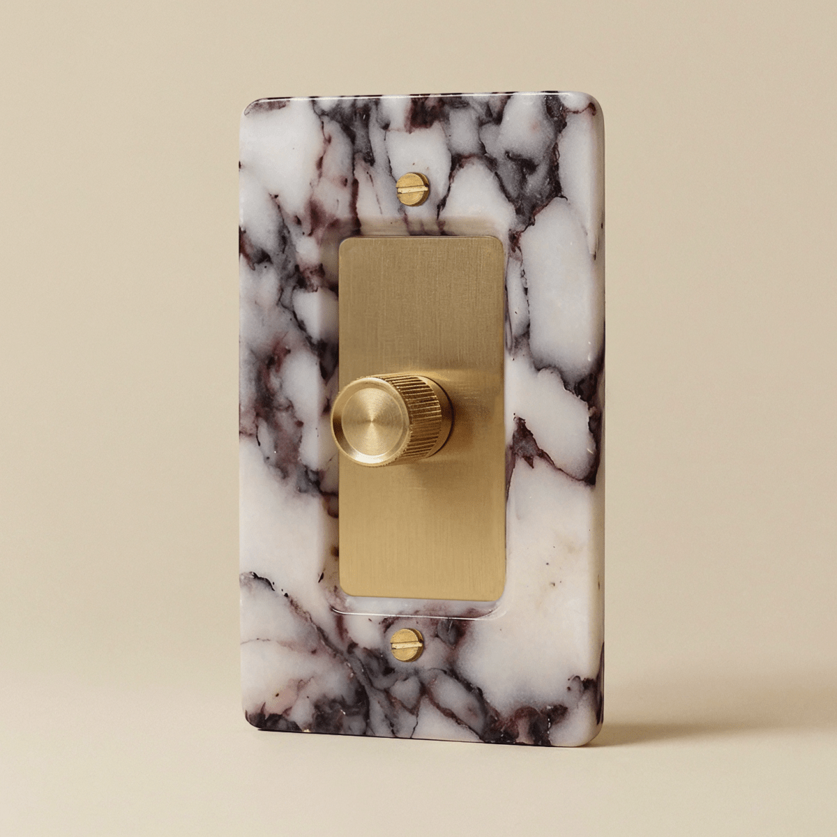 Stone Rotary Dimmer Switch, Calacatta Viola Satin Brass 1 Gang product view | CARRA HOME