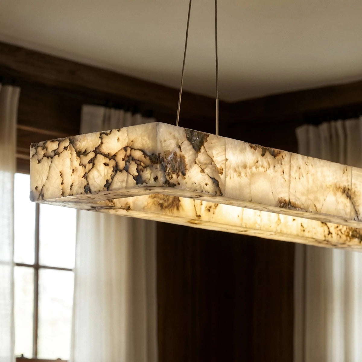 Teva Alabaster Rectangular Chandelier alabaster corner detail | CARRA HOME