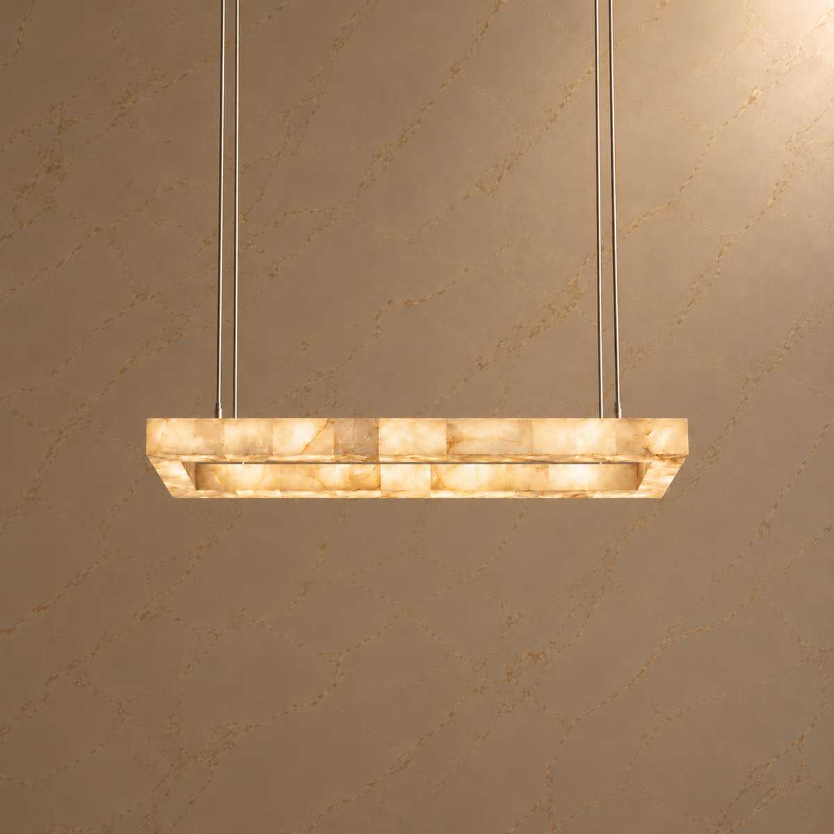 Teva Alabaster Rectangular Chandelier chrome 200cm light on | CARRA HOME