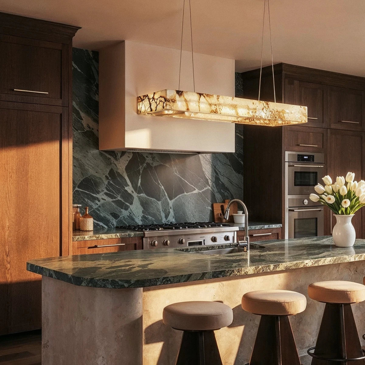 Teva Alabaster Rectangular Chandelier kitchen island marble view | CARRA HOME