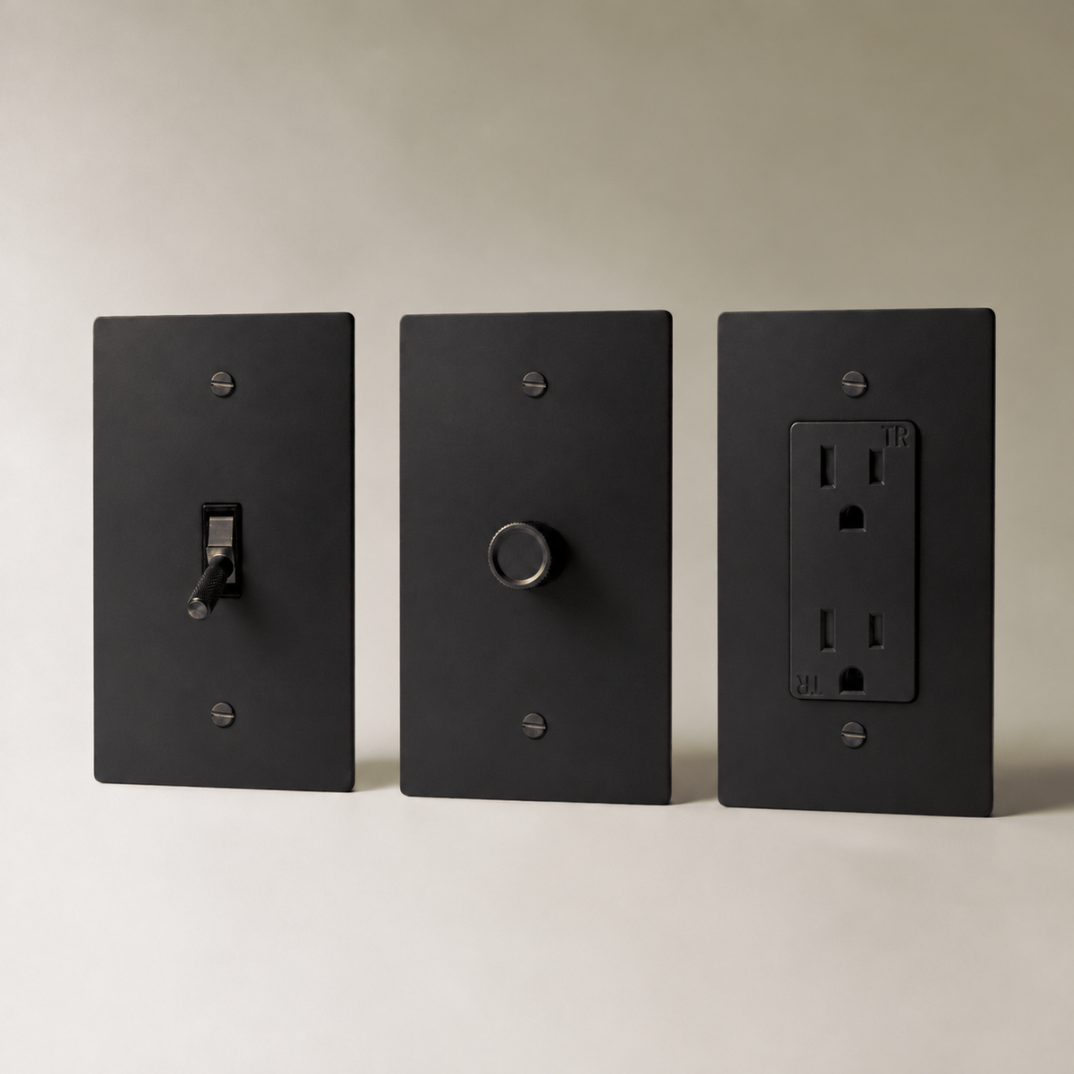 Brass Electrical Sample Kit — Night Black 3-Piece dimmer toggle and outlet sample kit — seamless faceplate | CARRA HOME