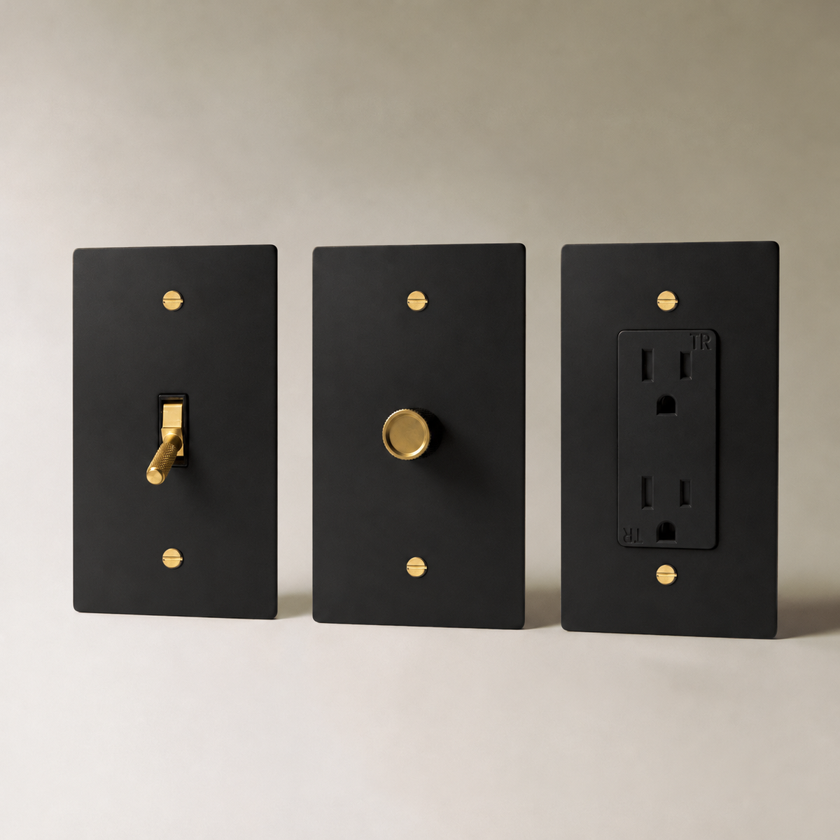 Brass Electrical Sample Kit — Night Black with Brass 3-Piece dimmer toggle and outlet sample kit — seamless faceplate | CARRA HOME