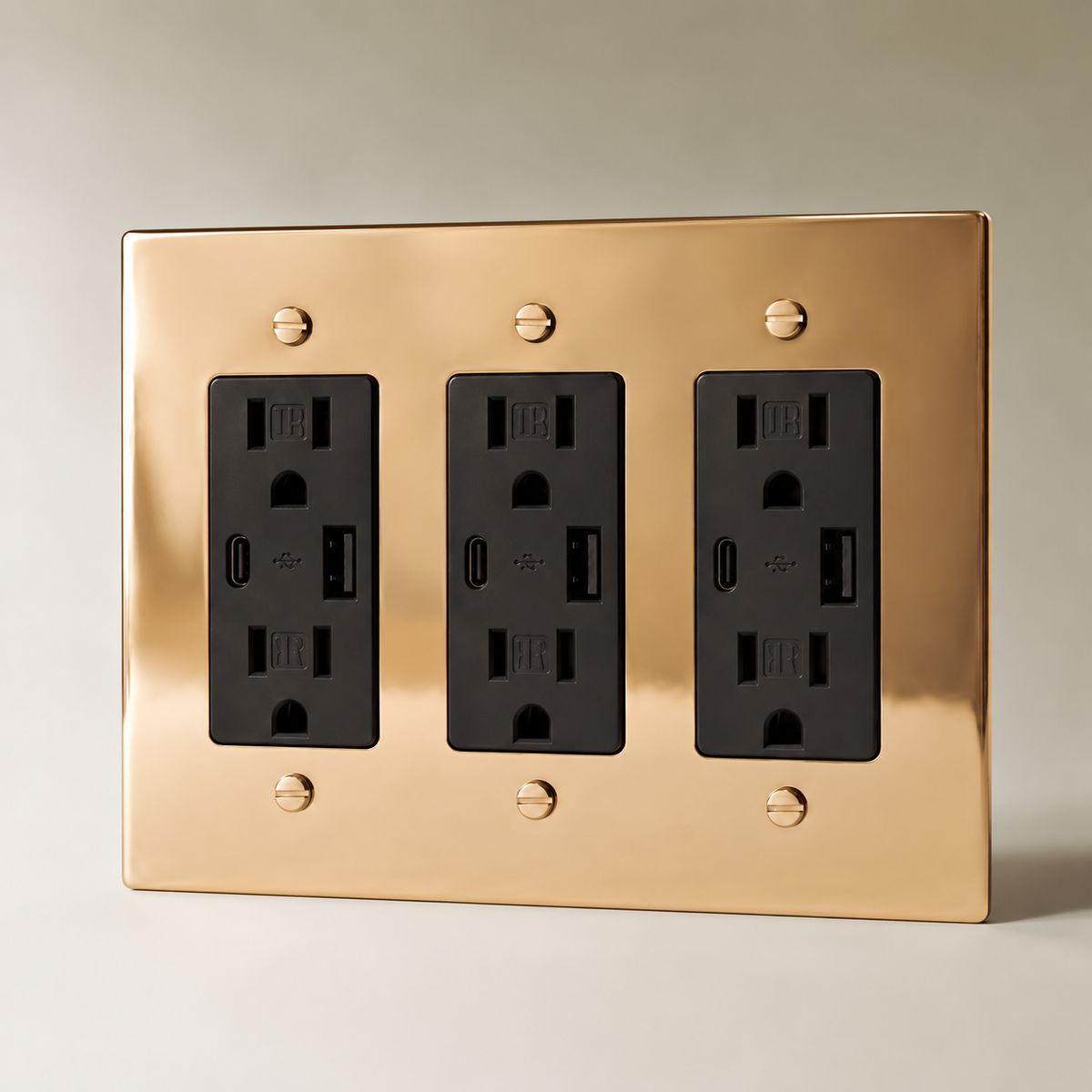 The Polished Brass Outlet — black USB-C outlets, 3 Gang | CARRA HOME