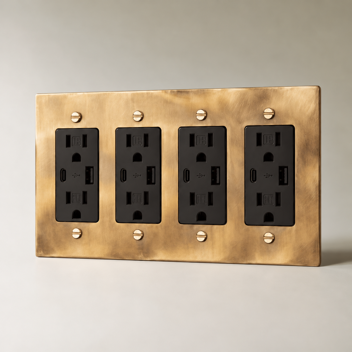 The Unlacquered Brass Outlet — black USB-C outlets, 4 Gang | CARRA HOME