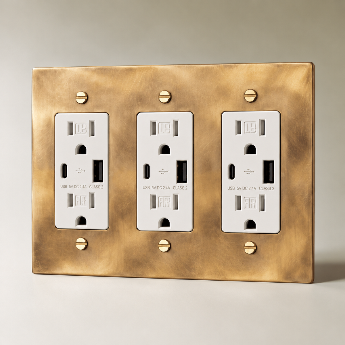 The Unlacquered Brass Outlet — white USB-C outlets, 3 Gang | CARRA HOME