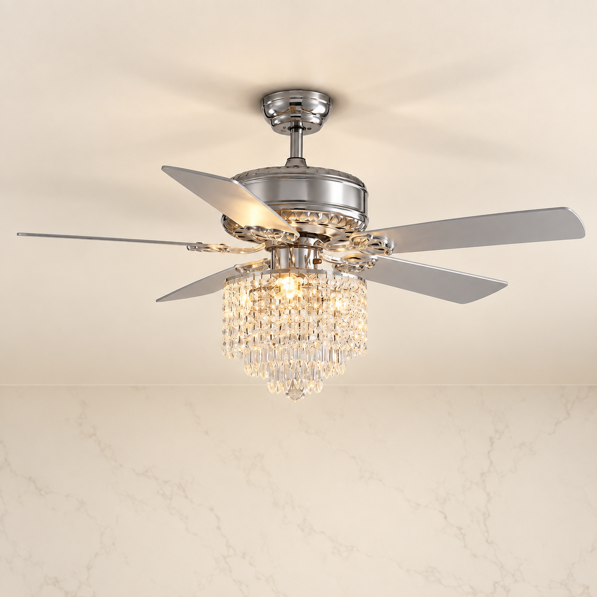 3-Tier 52-inch Raindrop Crystal Kitchen Ceiling Fan illuminated