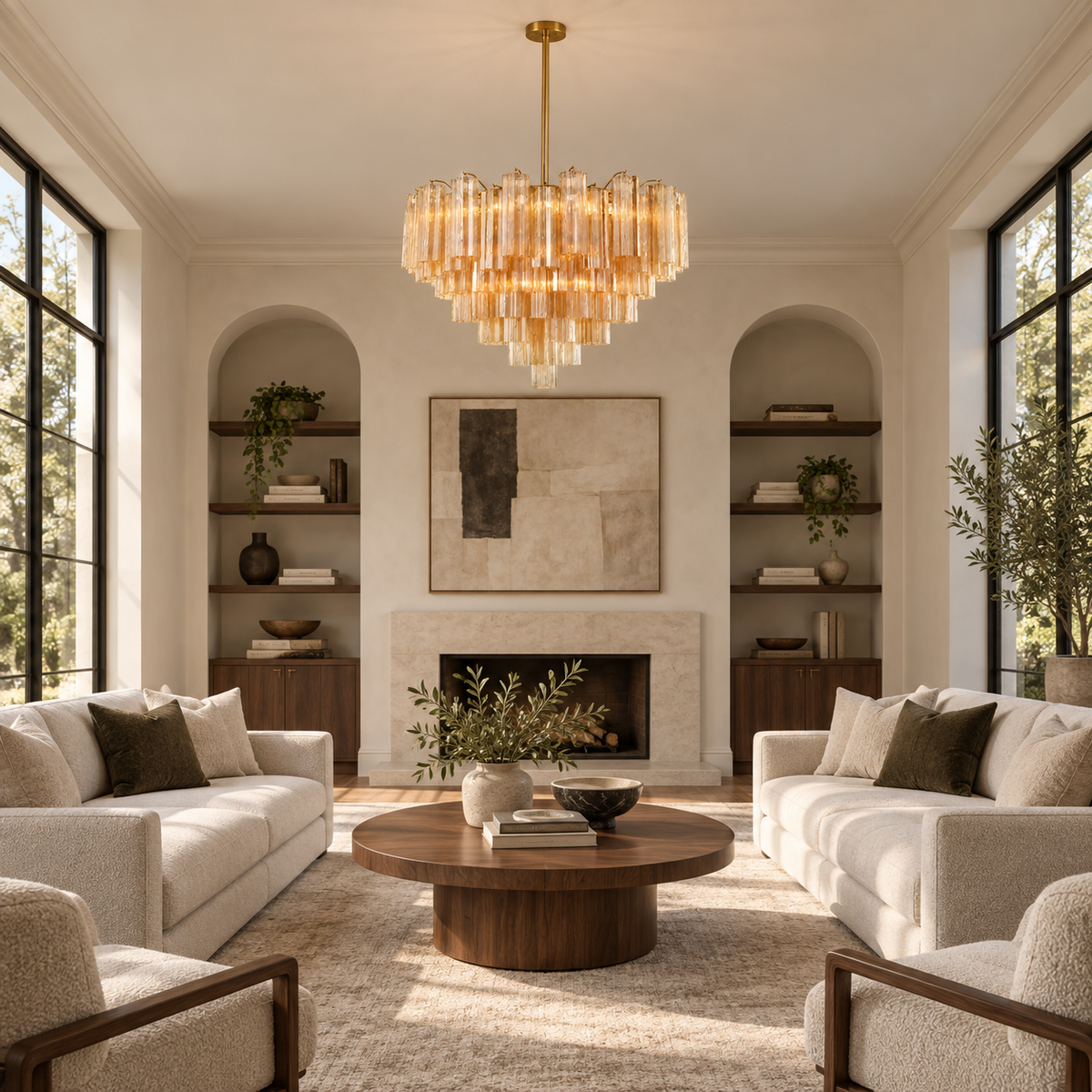 topaz glass tiered round chandelier living room scene