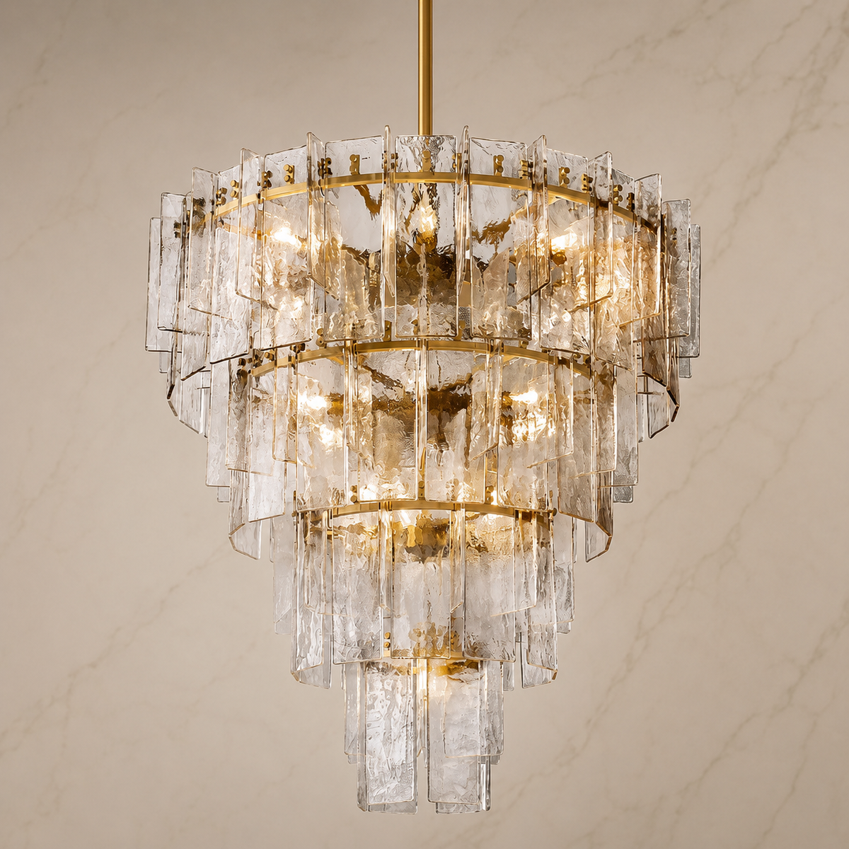 Trama Glass Tiered Round Chandelier with lights on (100 cm)