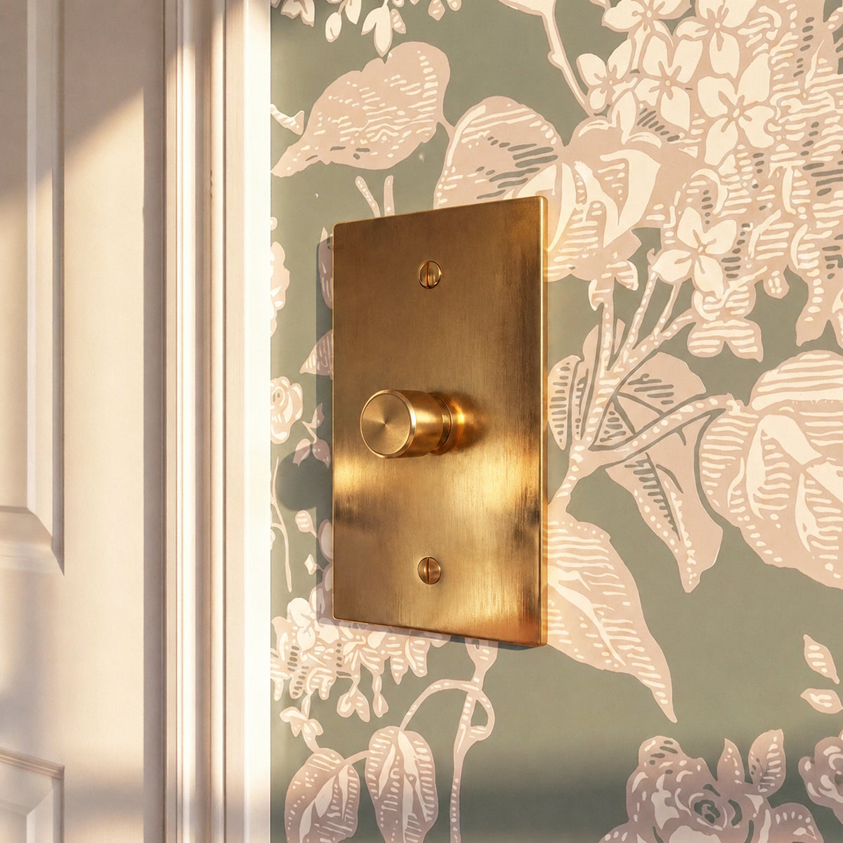 Unlacquered Brass Dimmer Switch installed in an interior, view 7 — seamless faceplate | CARRA HOME