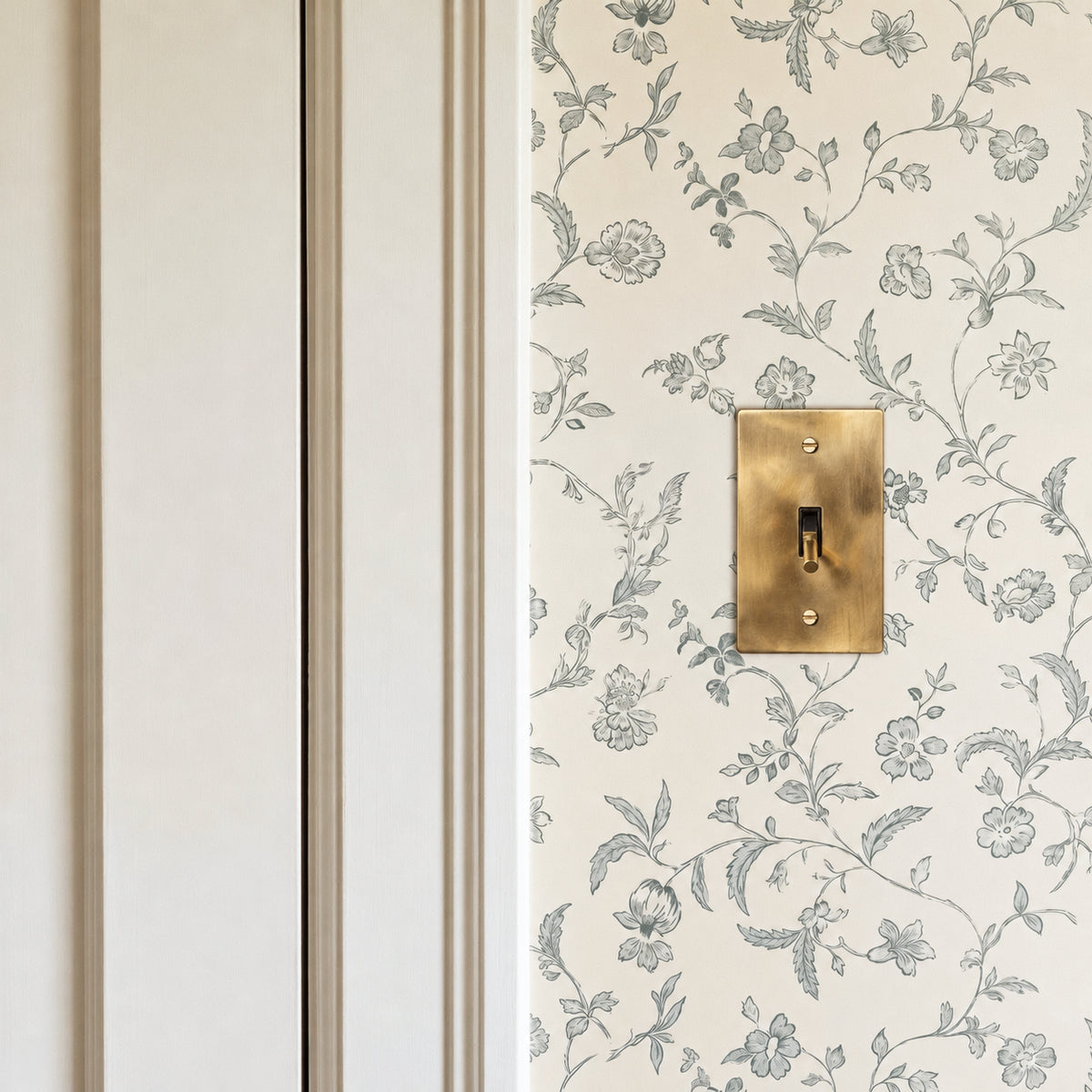 Unlacquered Brass Toggle Switch with seamless brass faceplate installed in an interior, view 8 | CARRA HOME
