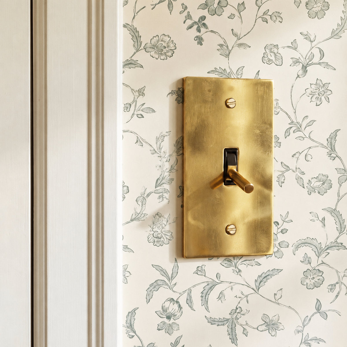 Unlacquered Brass Toggle Switch with seamless brass faceplate installed in an interior, view 9 | CARRA HOME