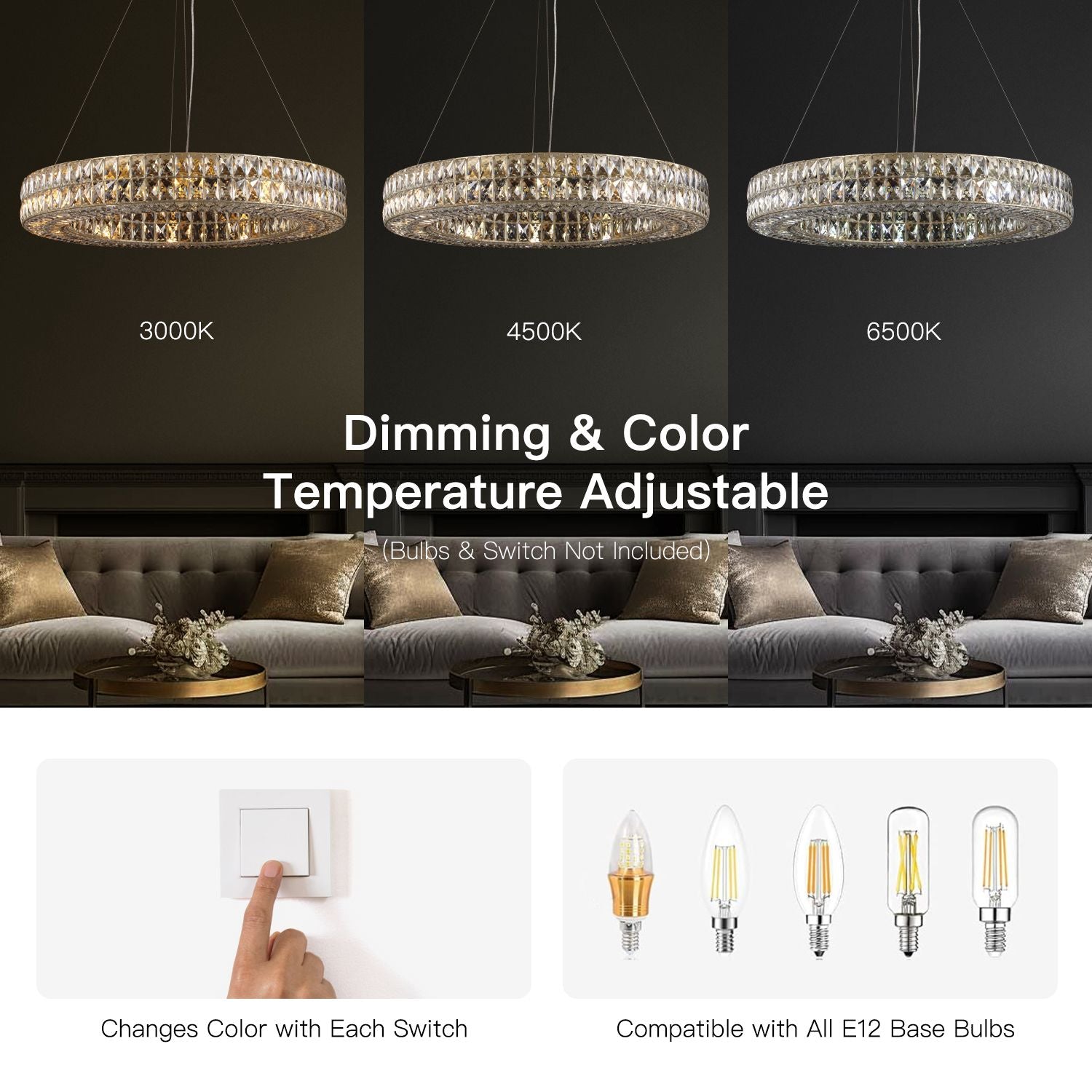 Valdore Chandelier dimming & color temp demo — 6000K/4000K/3000K, E12 bulb compatible | Carra Home