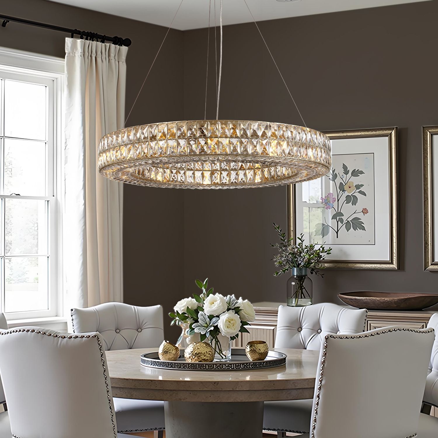 Valdore Chandelier above a formal dining table — gray chairs, floral centerpiece, elegant evening ambiance | Carra Home