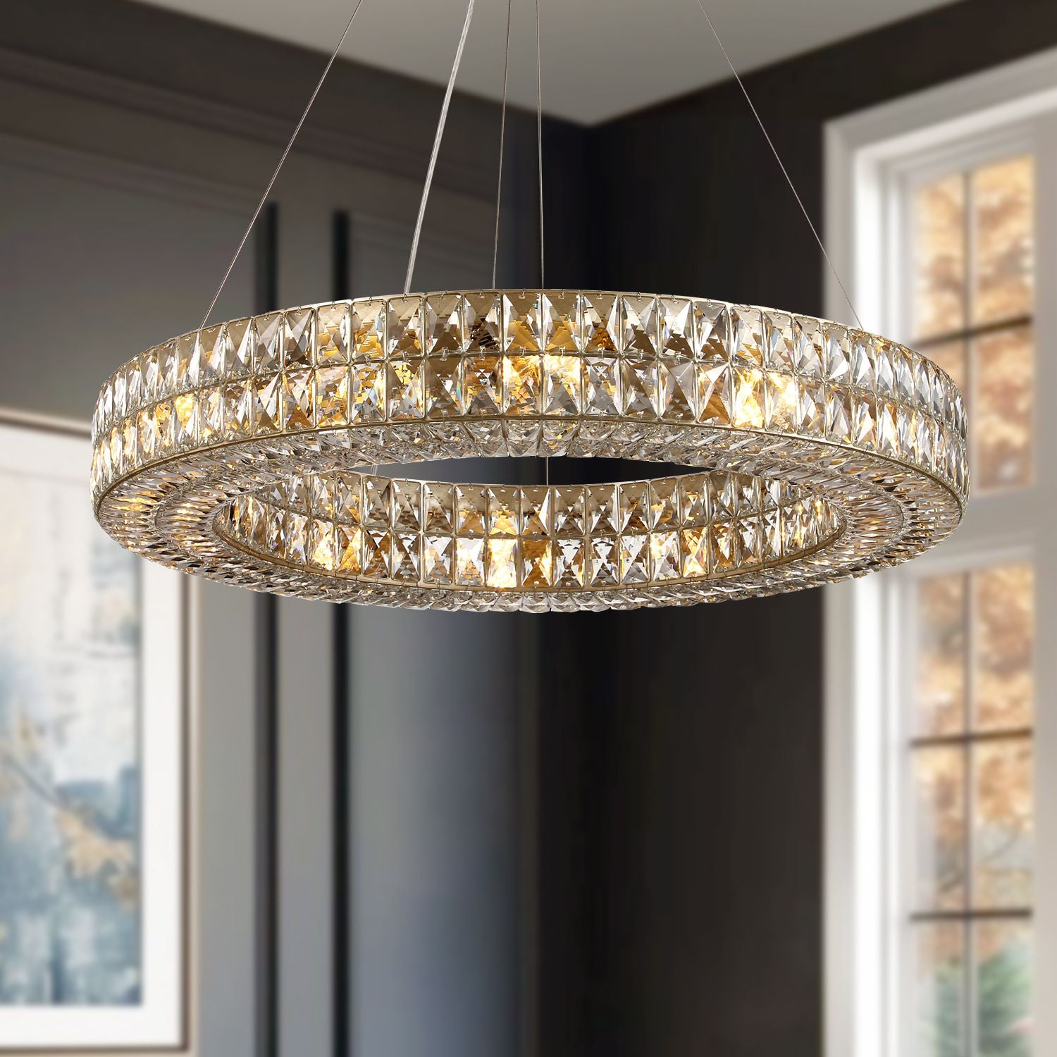 Valdore Double Ring Chandelier — gold frame, K9 crystal prisms, modern luxury design for elegant spaces | Carra Home