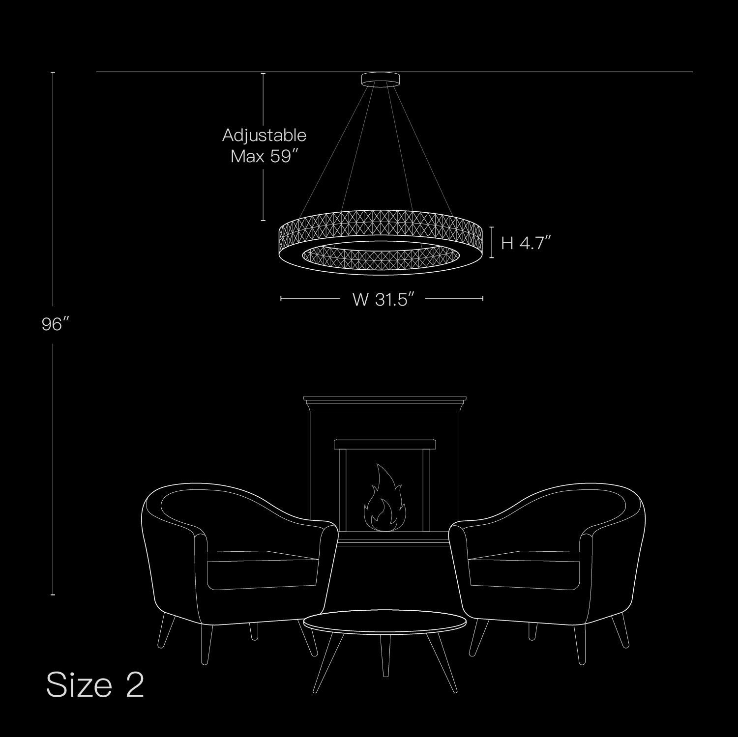 Valdore Chandelier Size 2 — W 31.5", H 4.7" (adjustable to 59"), shown over fireplace with armchairs | Carra Home