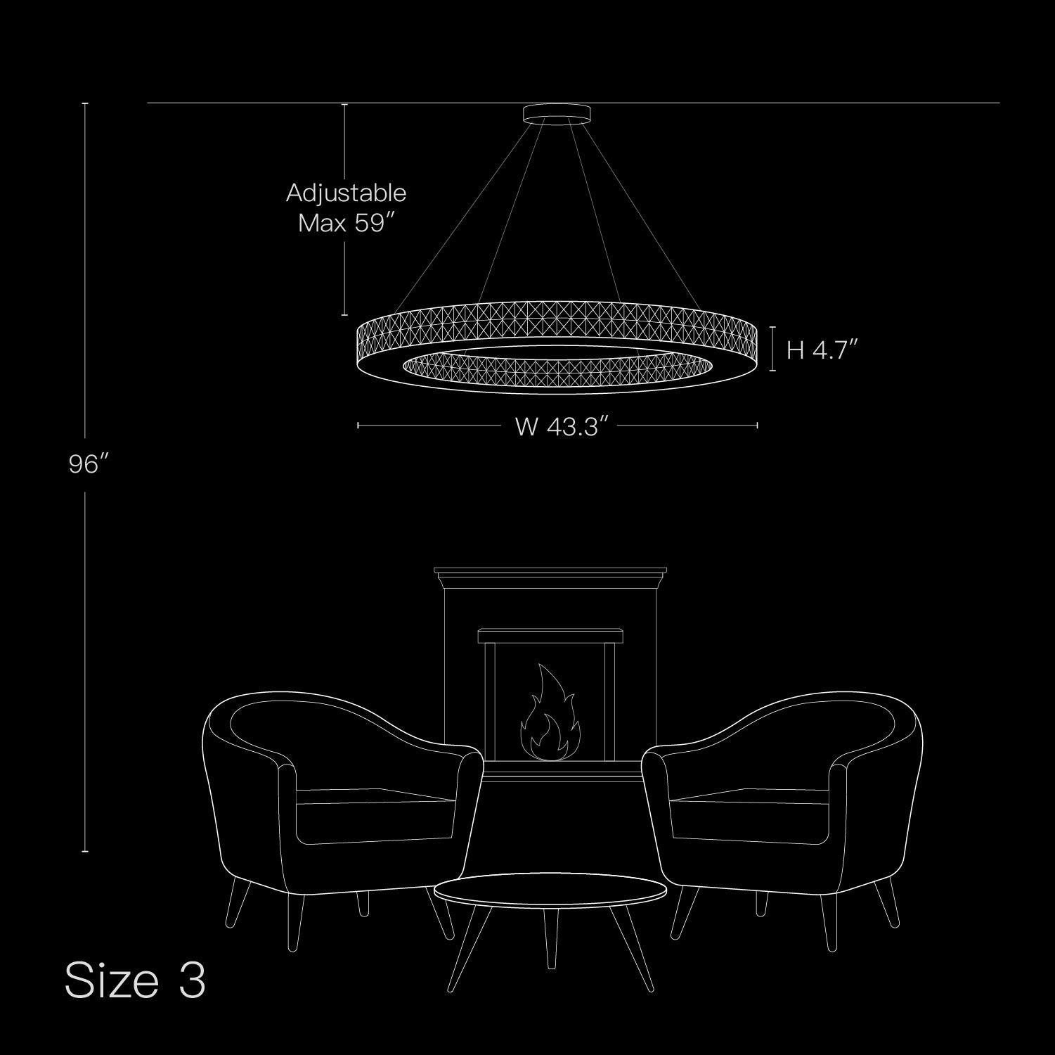 Valdore Chandelier Size 3 — W 43.3", H 4.7" (adjustable to 59"), illustrated over round dining table | Carra Home