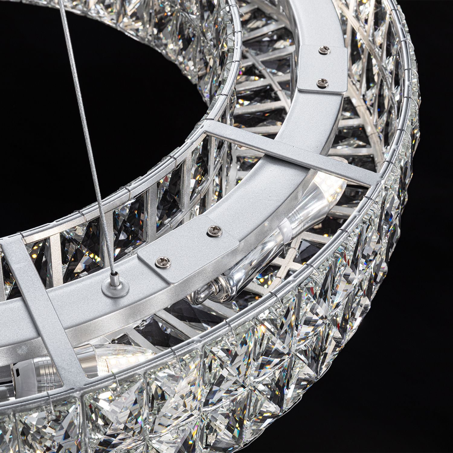 Extreme close-up of Valdore’s adjustable suspension system — high-tensile steel cables, secure silver-plated hardware, and seamless cable routing for modern minimalist installation | Carra Home