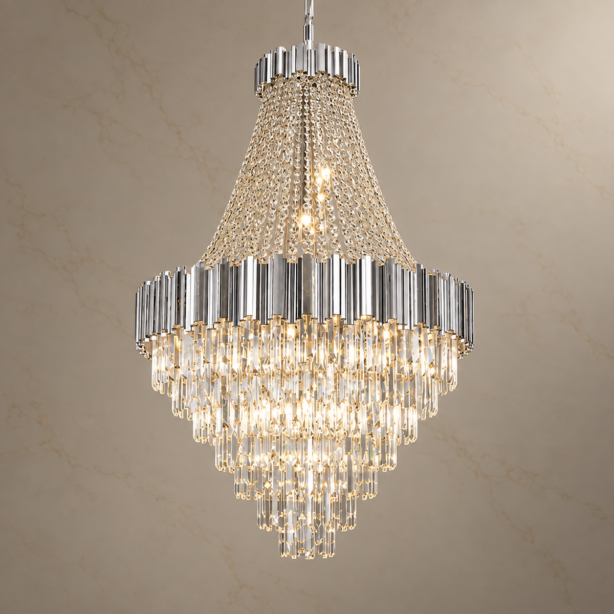 Valora Crystal Tiered Chandelier with lights on