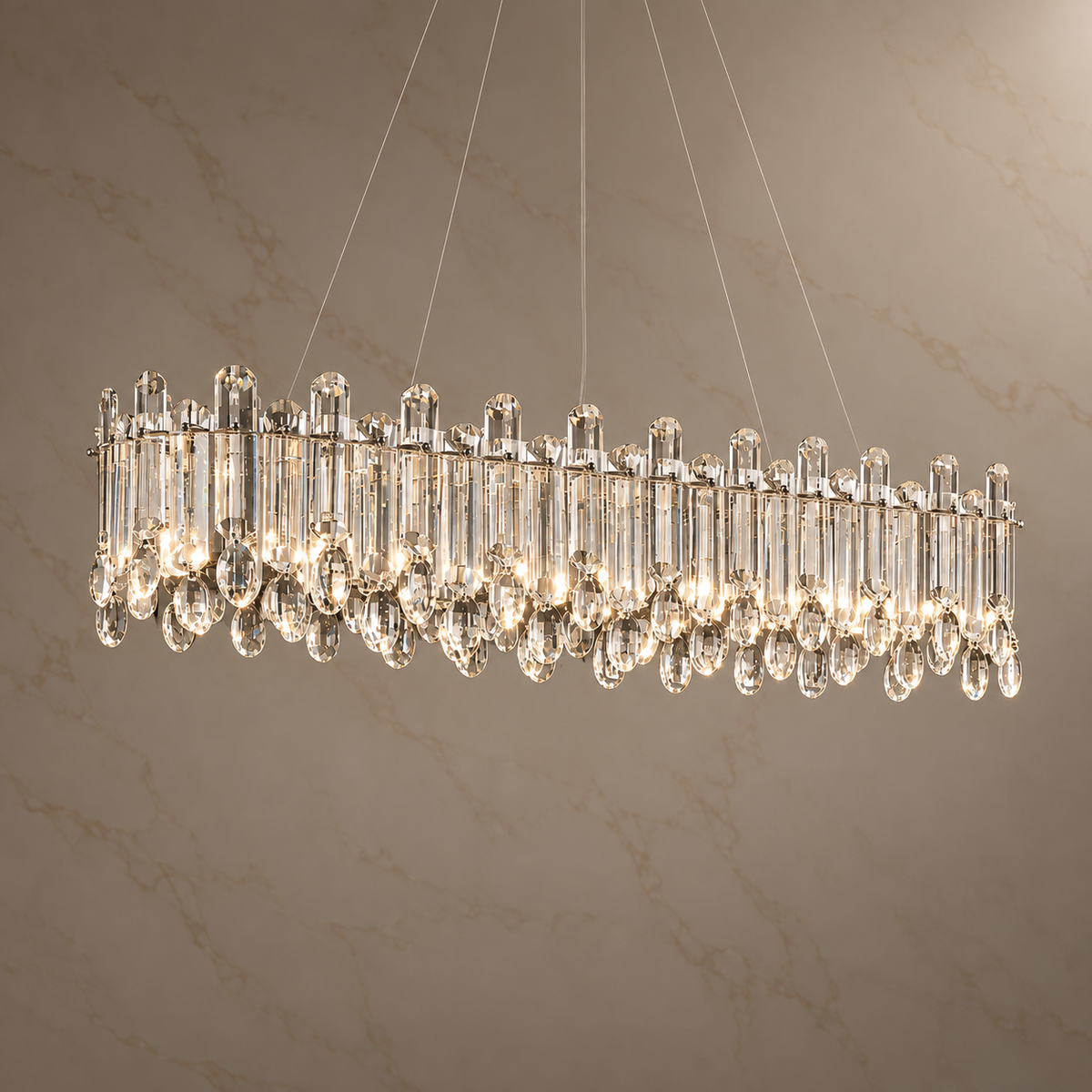 Velora Crystal Linear Chandelier illuminated