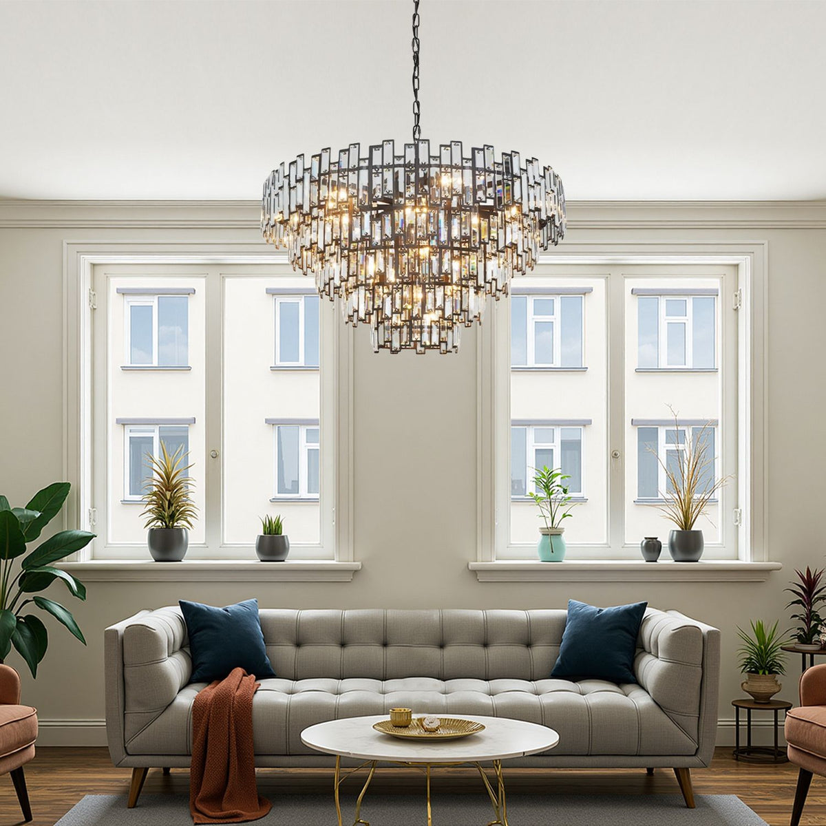 Vera Crystal Prism Tiered Chandelier in a living room