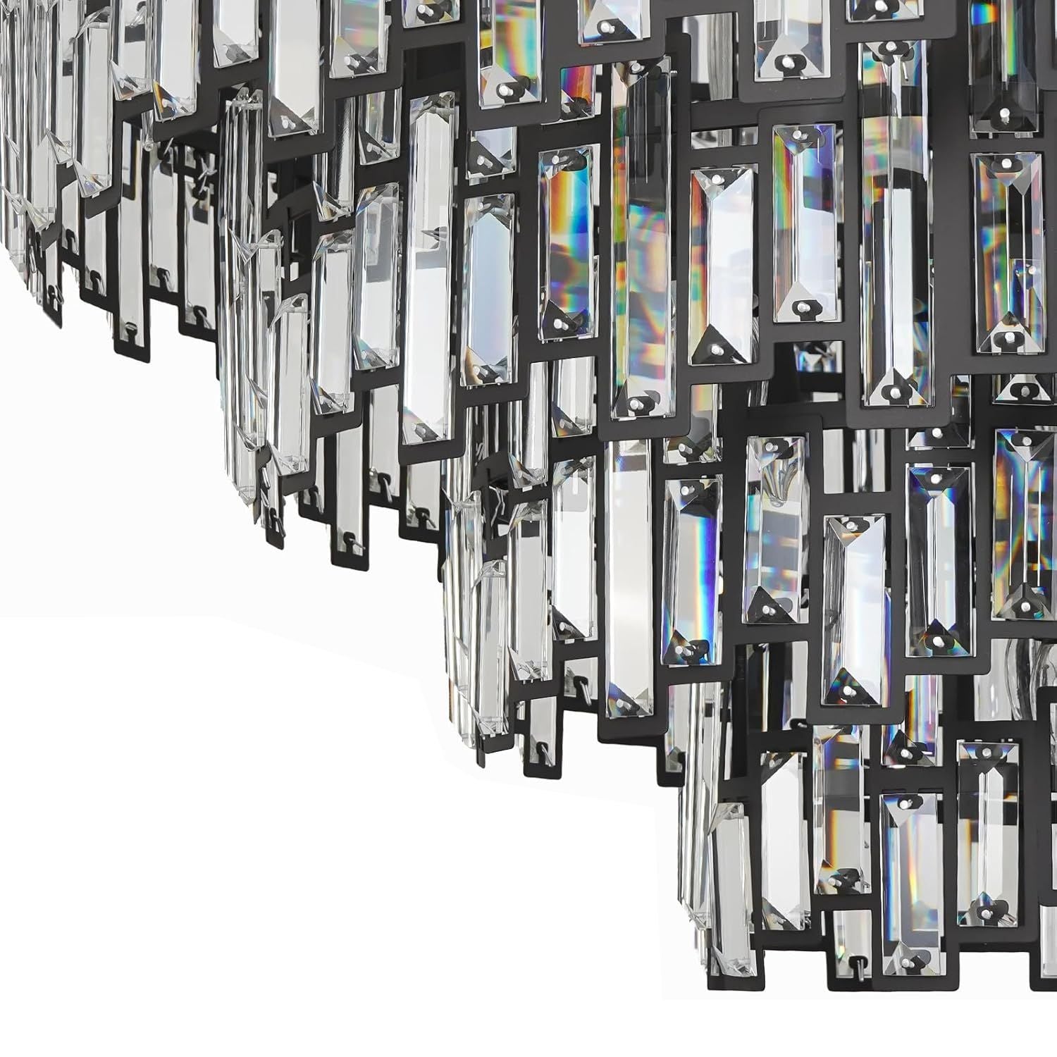 Close-up of Vera Crystal Prism Tiered Chandelier — focusing on chain suspension, circular canopy, and precise crystal alignment | Carra Home