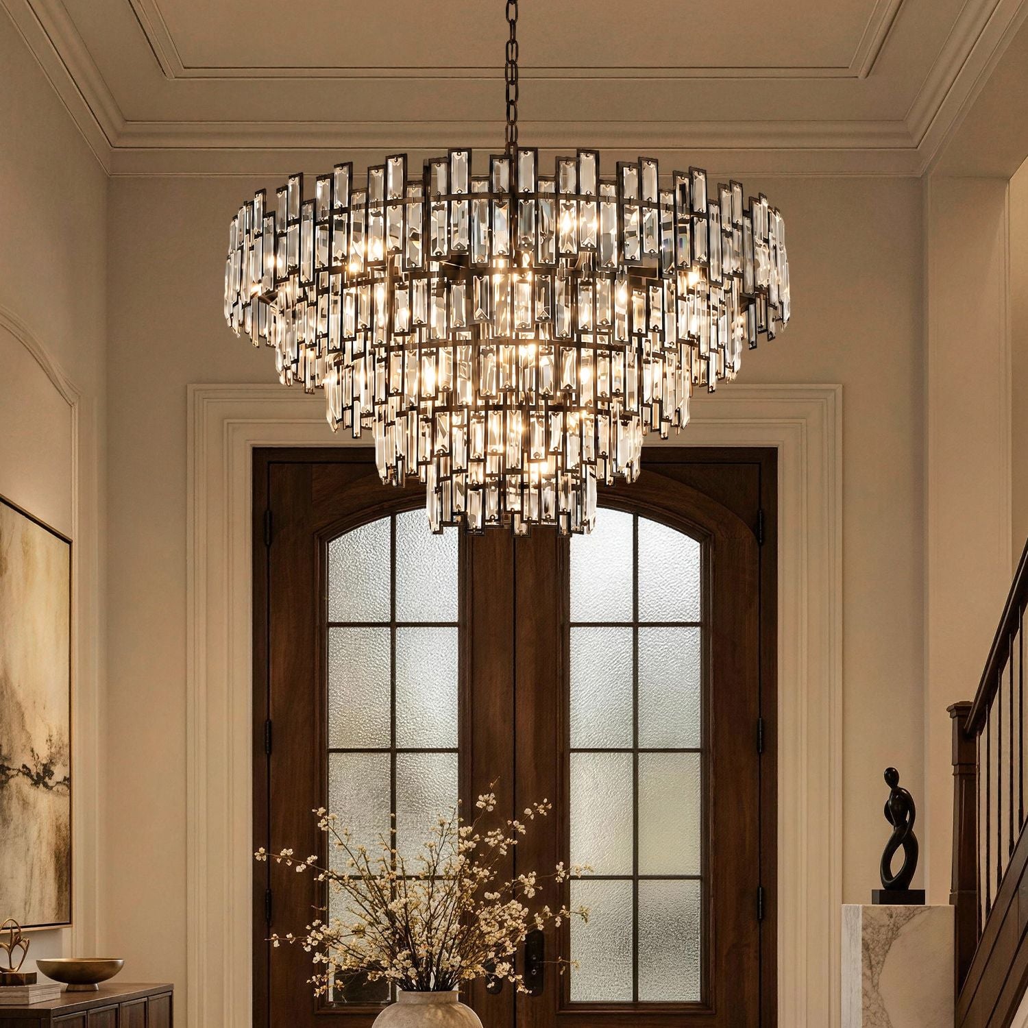 Vera Crystal Prism Tiered Chandelier — modern tiered design with rectangular K9 crystal prisms, black metal frame, chain suspension, ideal for luxury home lighting | Carra Home
