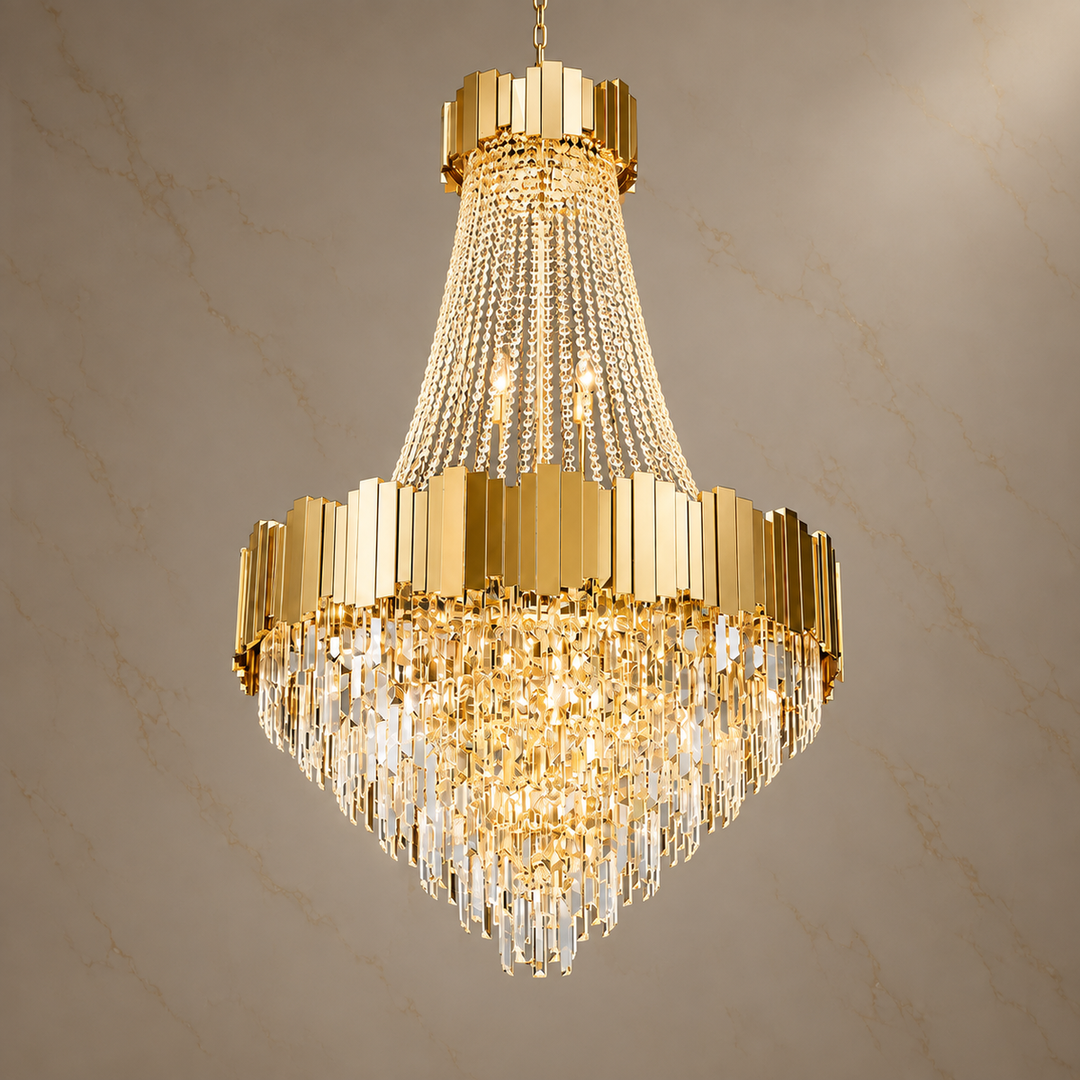 Versailles Gold K9 Crystal Tiered Chandelier with lights on