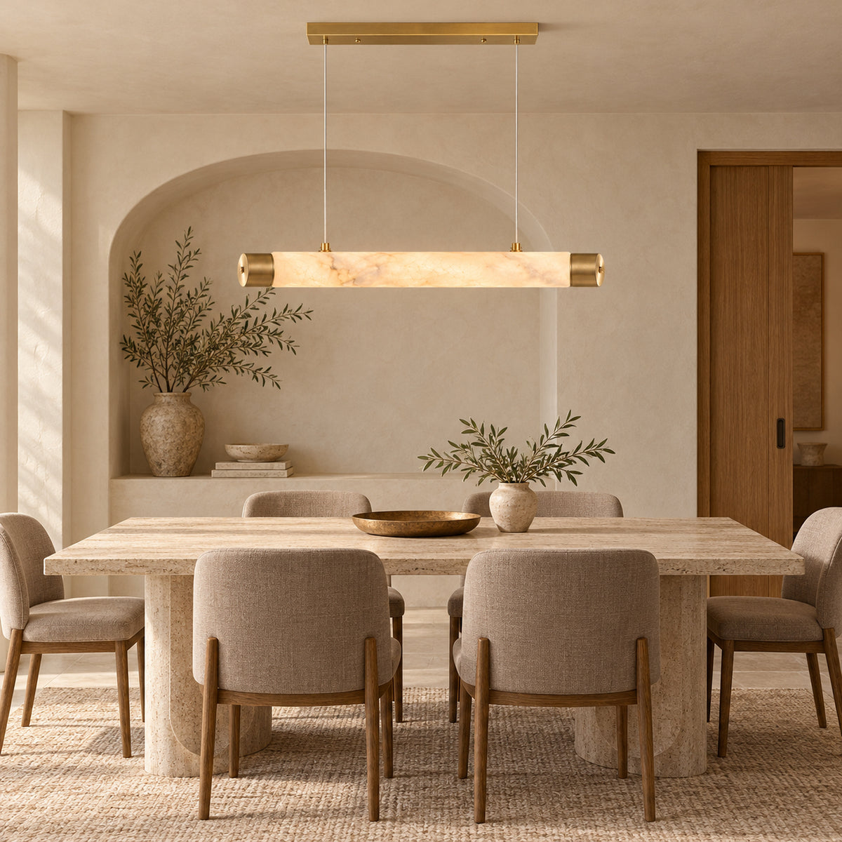 Virel Alabaster Linear Chandelier — Gold alabaster tube chandelier above a marble dining table | CARRA HOME