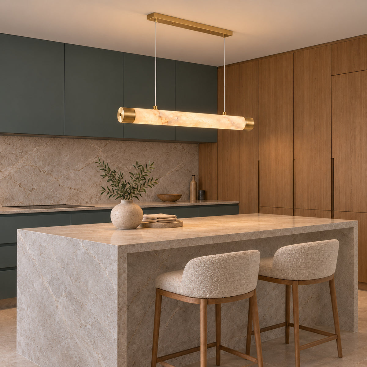 Virel Alabaster Linear Chandelier — Gold alabaster chandelier centered above a graphite kitchen island | CARRA HOME