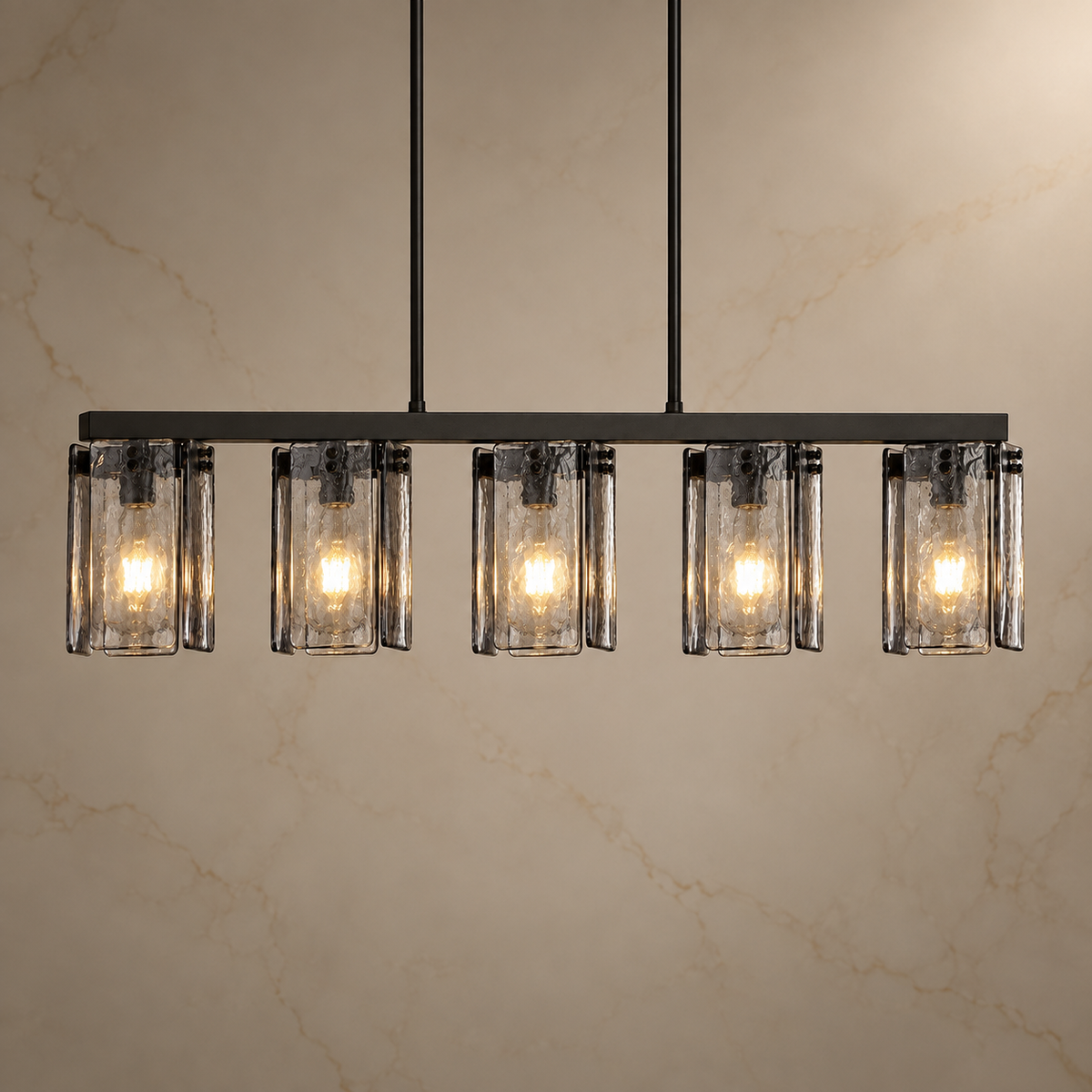 Virelle Smoked Glass Linear Chandelier illuminated