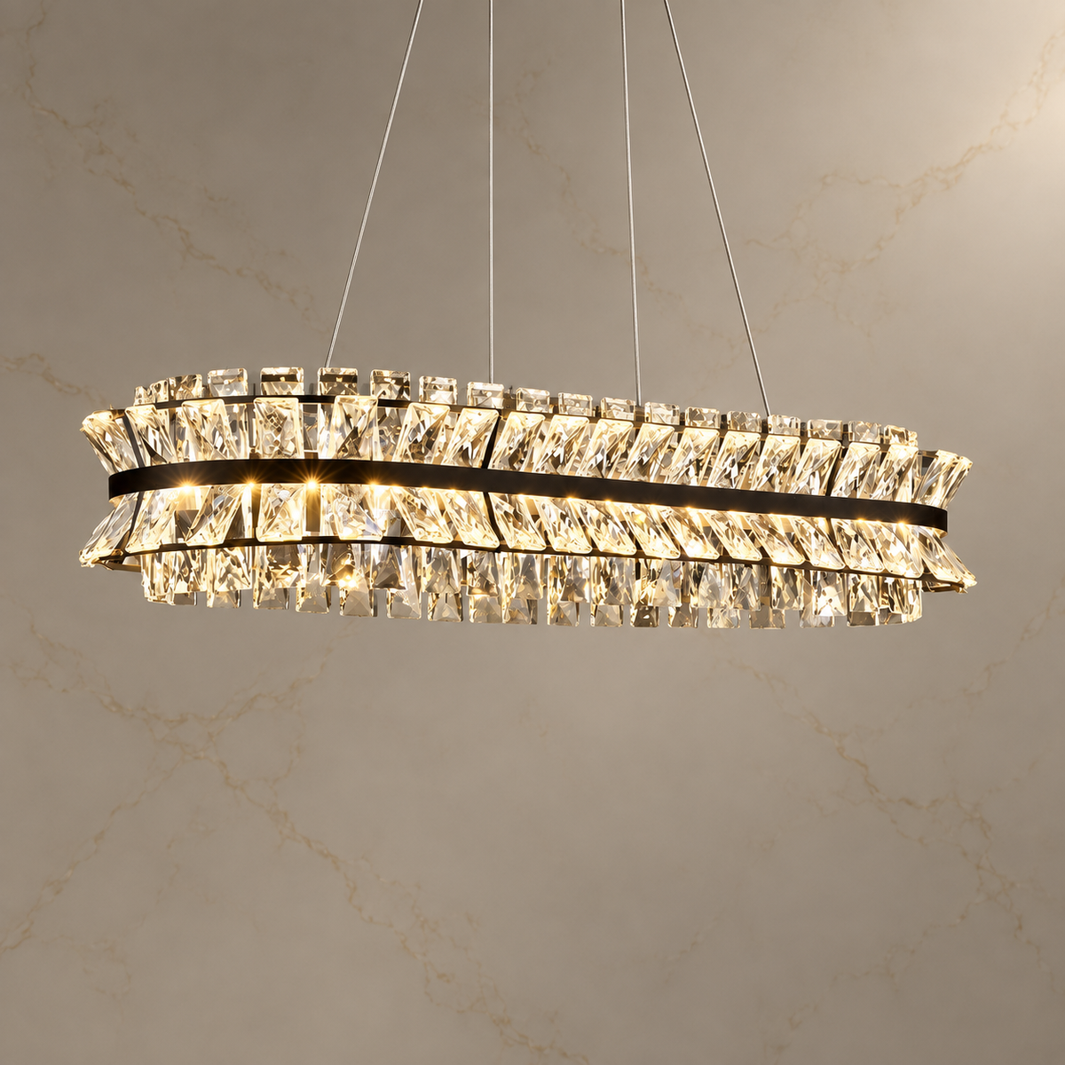 Zorvian K9 Crystal Layered Rectangular Chandelier with lights on