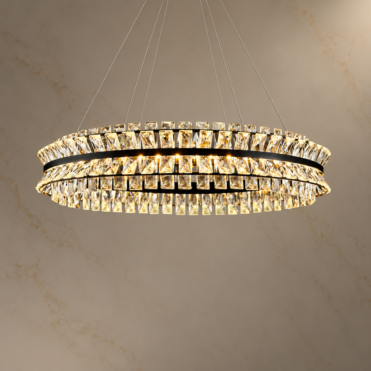 Zorvian K9 Crystal Layered Ring Chandelier with lights on